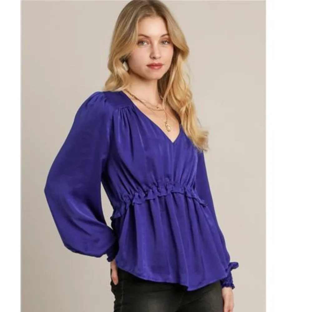 NWT Satin V-Neck Ruffle Baby Doll Top, Cuffed Sleeves, "Sapphire" Color, Elegant - Picture 4 of 5